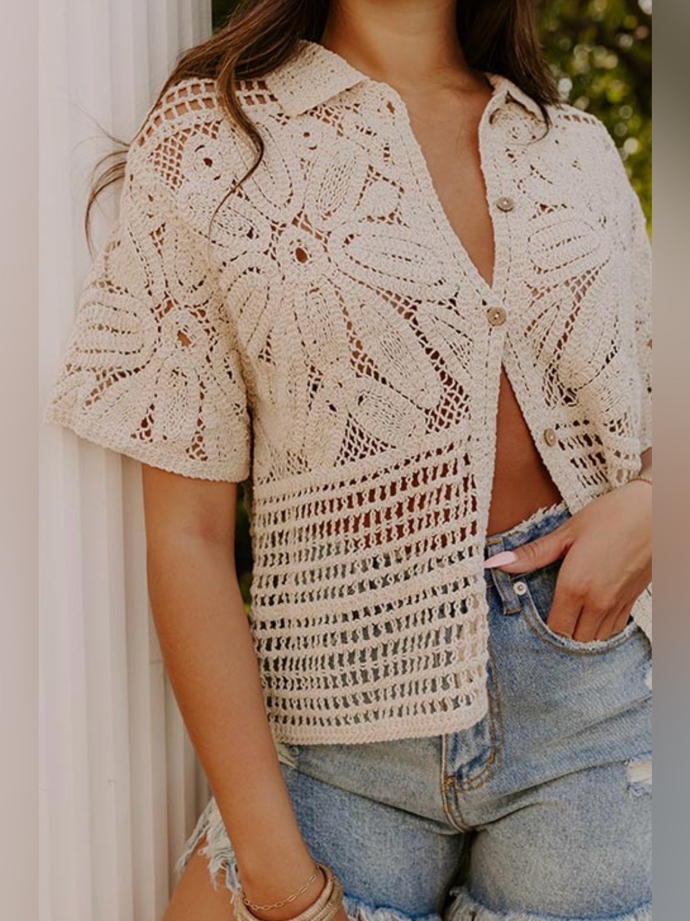 *Anniewear* Women's Cream Crochet Button-Front Cardigan Sweater L/XL